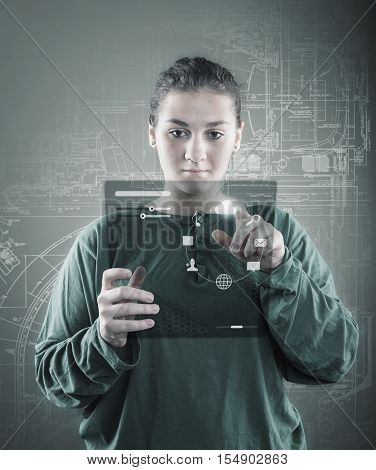 Young girl using virtual screen; checking database and identity on high tech technology and a sketch background