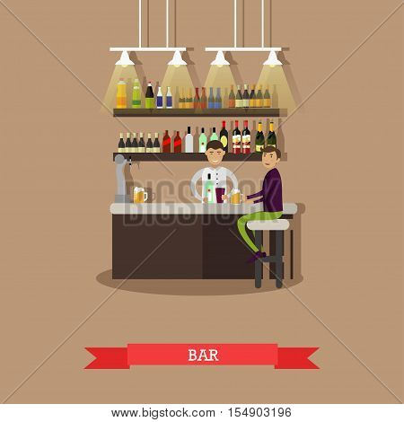Visitors drink beer in a bar. Restaurant interior - stock vector.