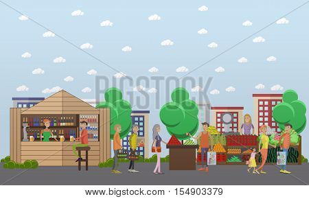 Street food market. Vector banner in flat style design.