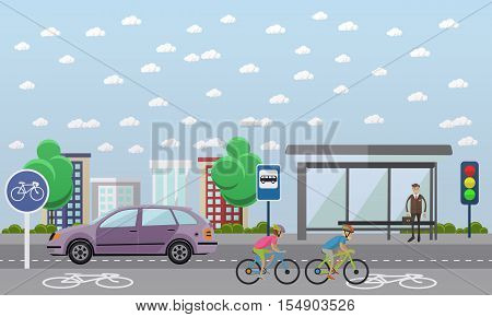 Group of bicycle riders on bikes on road. Street with bicycle line. Biking sport concept cartoon banners. Vector illustration in flat style design.