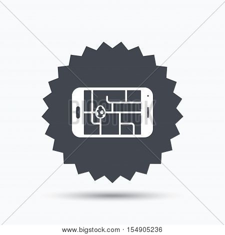 Gps street navigation with dinosaur egg icon. Pokemon egg concept. Gray star button with flat web icon. Vector