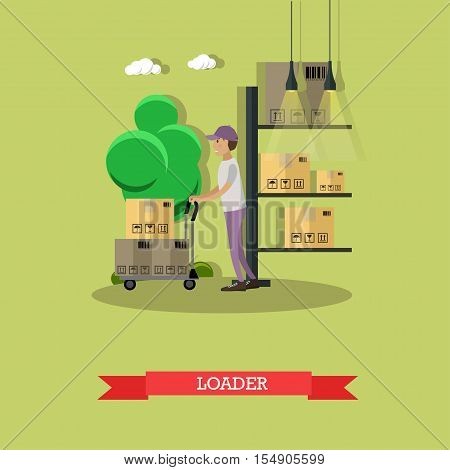 Man load parcels. Logistic and delivery service concept banner. Warehouse workers. Vector illustration in flat style design. Delivery man working in warehouse and shipping products.