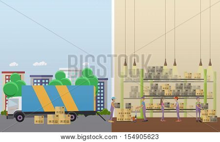 Logistic and delivery service concept banner. Warehouse interior. Vector illustration in flat style design.