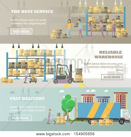 Logistic and delivery service concept banner. Warehouse interior. Vector illustration in flat style design.