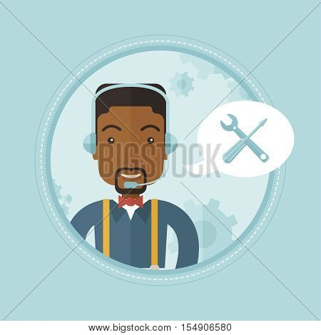African-american professional operator of technical support. Operator of technical support at work. Concept of technical support. Vector flat design illustration in the circle isolated on background.