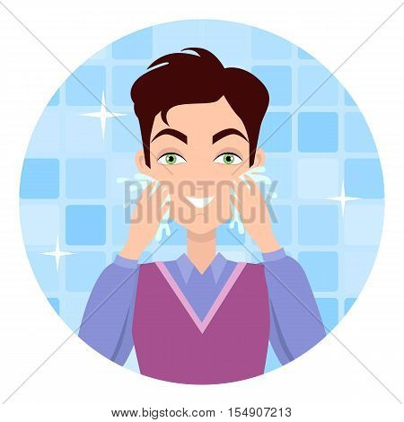 Stages of man face wash. Washing with cream cleanser or soap, shaving with razor, using moisturizer or lotion after shave. Boy cares about his look. Part of series of face care. Vector illustration