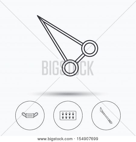 Medical mask, capsules and scalpel icons. Peans forceps linear sign. Linear icons in circle buttons. Flat web symbols. Vector