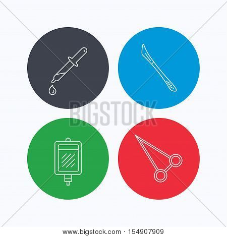 Blood donation, scalpel and pipette icons. Peans forceps linear sign. Linear icons on colored buttons. Flat web symbols. Vector