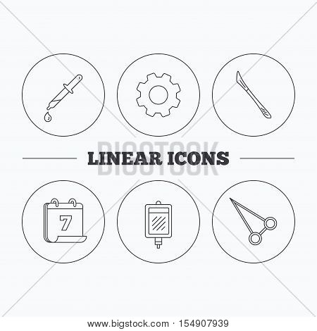 Blood donation, scalpel and pipette icons. Peans forceps linear sign. Flat cogwheel and calendar symbols. Linear icons in circle buttons. Vector