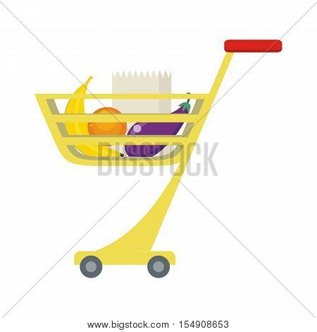 Shopping trolley with food products. Banana, orange, brinjal and paper bag. Shopping cart icon, supermarket and food, grocery. Part of series of shop equipment, fruits and vegetables. Vector