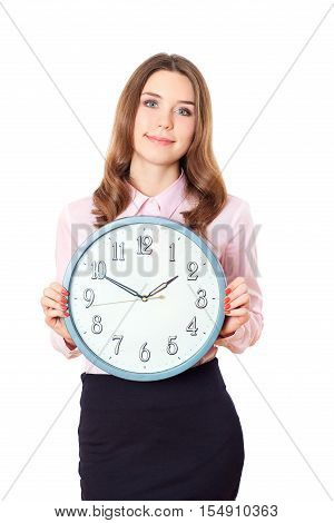 Businesswoman hold a clock and smile.Concept time.