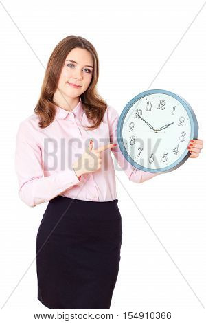 Young woman showing clock. Concept time .