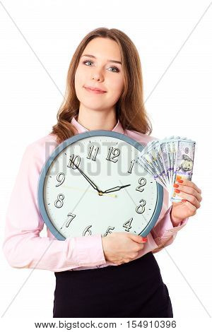 Business Woman Is Holding In Hands Clock And Money.dollars  Time.