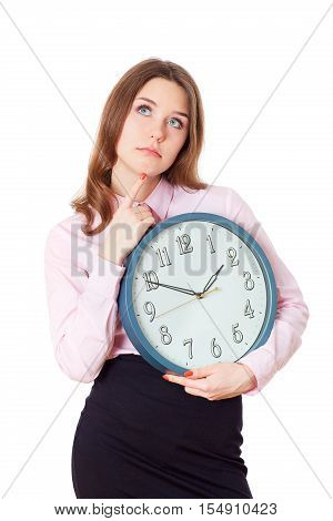 Woman With A Clock In His Hands Thinking.