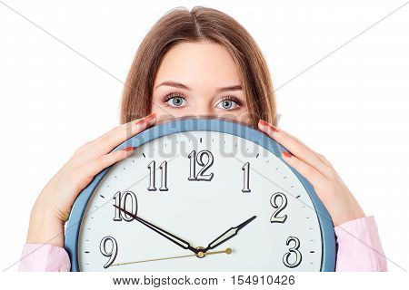 Woman holding clock . Concept time .