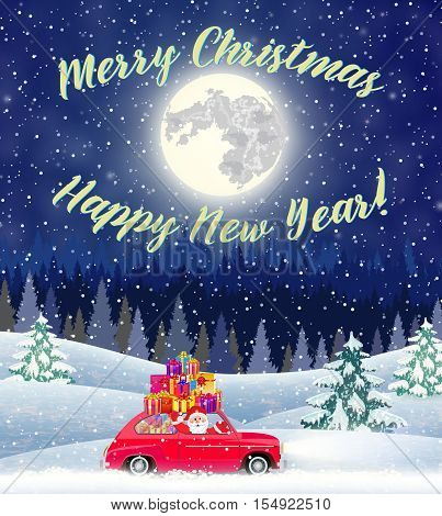 Christmas landscape card design of retro car with giftbox on the top. background with moon and the Santa Claus drivinng on a car. concept for greeting or postal card,