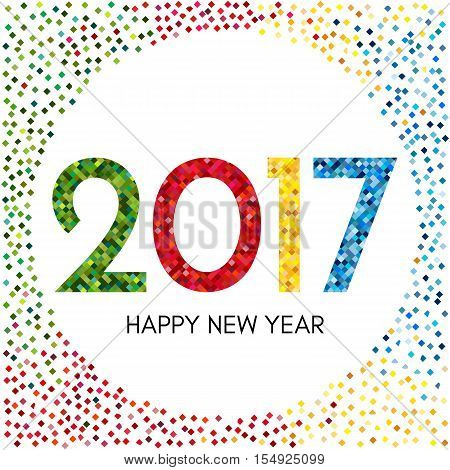 Happy New Year 2017 label with colorful confetti. New Year and Xmas Design Element Template. Vector Illustration.