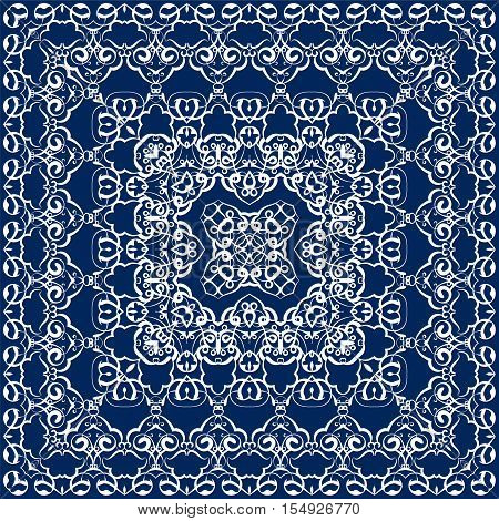 Square white pattern on a blue background. Decorative ornament to the handkerchief. Vector illustration.