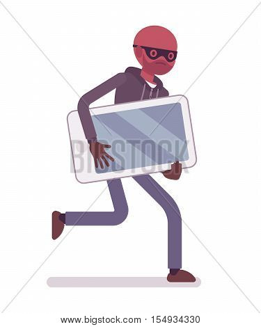 Thief in a black mask stole smartphone and is running away. Cartoon vector flat-style concept illustration