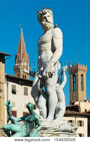 The Fountain of Neptune by Bartolomeo Ammannati. Situated on the Piazza della Signoria in front of the Palazzo Vecchio. Florence Tuscany Italy.