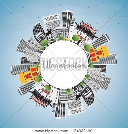 Ulaanbaatar Skyline with Gray Buildings, Blue Sky and Copy Space. Vector Illustration. Business Travel and Tourism Concept with Historic Architecture. Image for Presentation Banner Placard and Web.