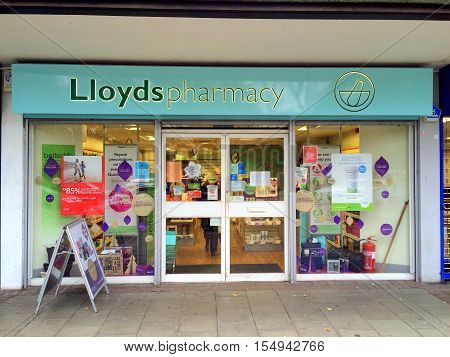 Bracknell,England - November 01,  2016: Front view of a Lloyds Pharmacy store in Bracknell, England. Lloyds have over 1,500 pharmacies across the United Kingdom