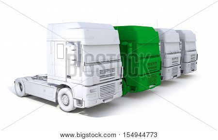 3d rendering of skecth semi-trailer truck concept with one green trailer