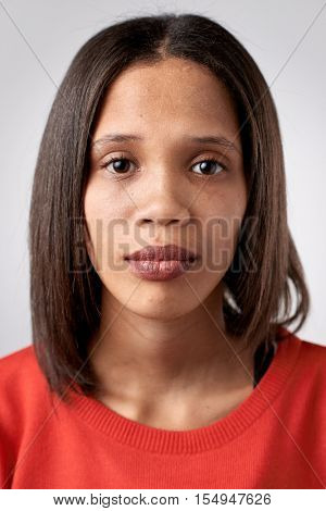 Portrait of real black african woman with no expression ID or passport photo full collection of diverse face and expressions