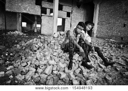 Couple Of Hip-hop Afroamerican On Undergraund. Black And White Photo