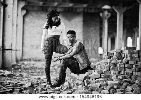Couple Of Hip-hop Afroamerican On Undergraund. Black And White Photo