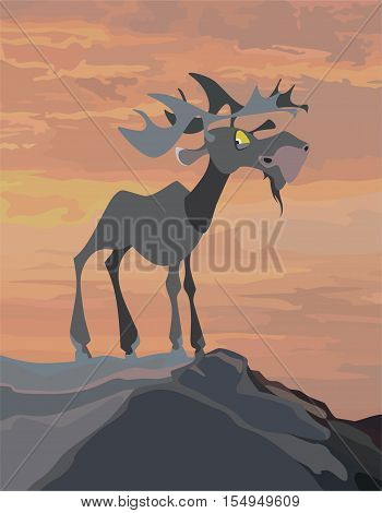 cartoon moose stood on the mount  the orange sky