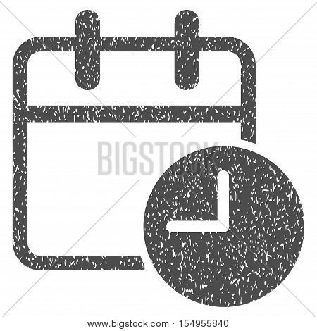 Date Time Calendar Leaf grainy textured icon for overlay watermark stamps. Flat symbol with unclean texture. Dotted vector gray ink rubber seal stamp with grunge design on a white background.