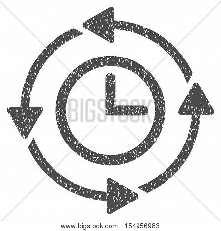 Wayback Clock grainy textured icon for overlay watermark stamps. Flat symbol with unclean texture. Dotted vector gray ink rubber seal stamp with grunge design on a white background.