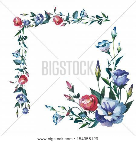 Wildflower Eustoma flower frame in a watercolor style isolated. Full name of the plant: Eustoma russellianum. Aquarelle wild flower for background, texture, wrapper pattern, frame or border.