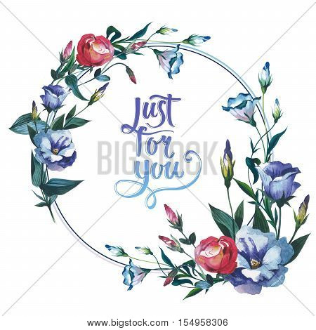 Wildflower Eustoma flower frame in a watercolor style isolated. Full name of the plant: Eustoma russellianum. Aquarelle wild flower for background, texture, wrapper pattern, frame or border.