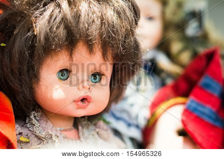 Clouse up discard old baby doll., Abandoned Dirty Toy Doll.