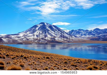 Panoramic view of the Laguna Altiplanica which is a high plateu Lagoon in the area of San Pedro de Atacama in Chile, South America