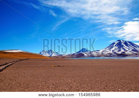 Panoramic view of the Laguna Altiplanica which is a high plateau Lagoon in the area of San Pedro de Atacama in Chile, South America