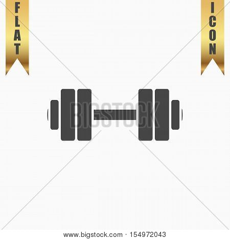 Simple Dumbbell. Flat Icon. Vector illustration grey symbol on white background with gold ribbon