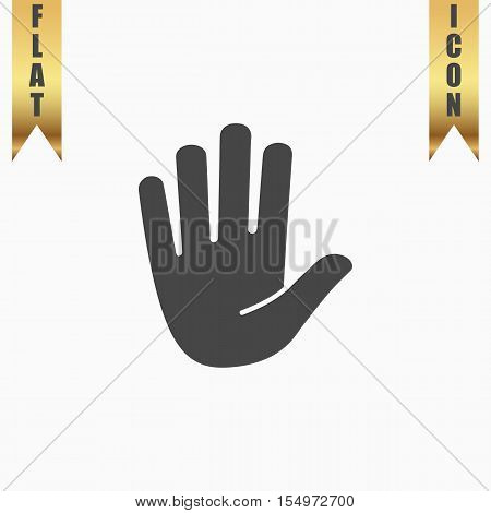 Stop - hand. Flat Icon. Vector illustration grey symbol on white background with gold ribbon