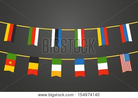 Different color flags of countries on rope. Vector clip-art