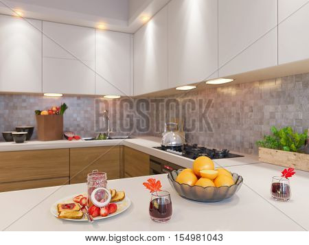 3d illustration of interior design of the kitchen in the townhouse.