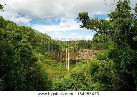 Scenic Chamarel Falls In Jungle Of Mauritius