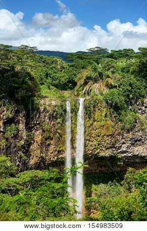 Scenic Chamarel Falls In Jungle Of Mauritius