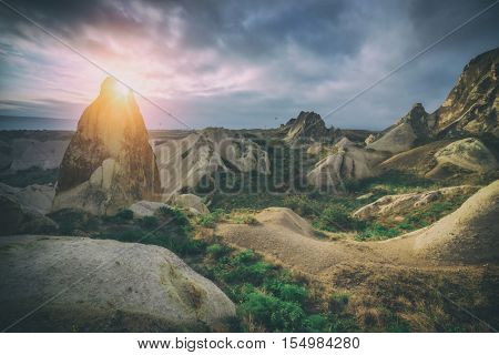 Amazing sunrise in Cappadocia, Turkey. Toned 