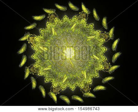 Particles of abstract fractal forms on the subject of nuclear physics science and graphic design. Geometry sacred futuristic quantum digital hologram texture in development wave surreal design.