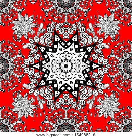 Pattern With White Doodles And Mandala Flowers On Red Background. Raster Illustration.