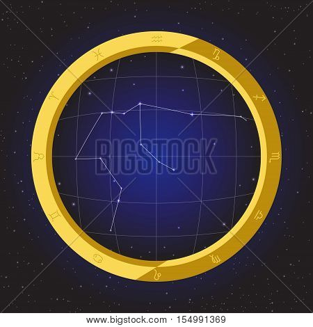 aquarius star horoscope zodiac in fish eye telescope golden ring frame with cosmos background