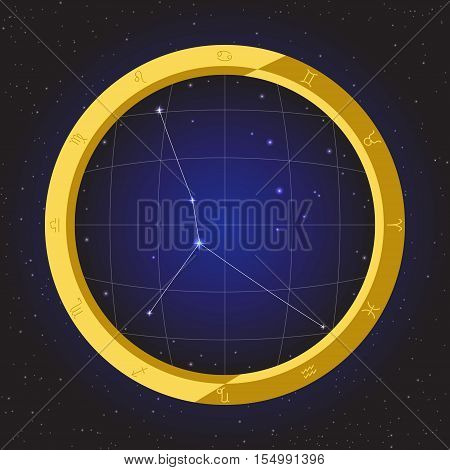 cancer star horoscope zodiac in fish eye telescope golden ring frame with cosmos background