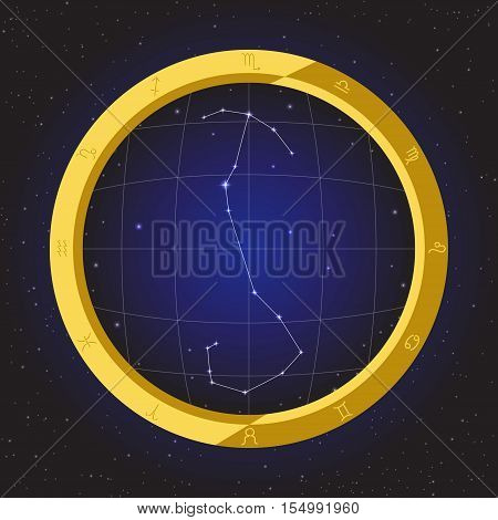 scorpio star horoscope zodiac in fish eye telescope golden ring frame with cosmos background